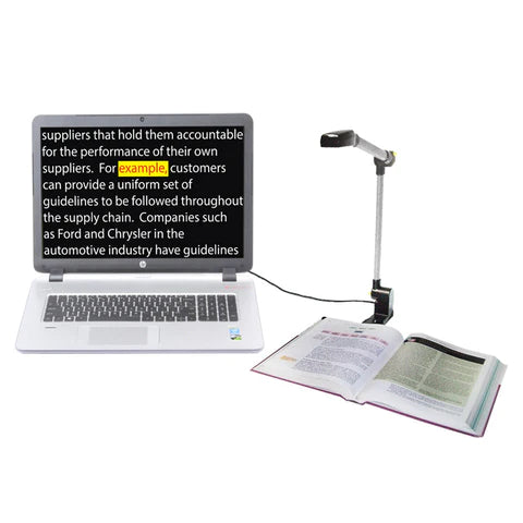 PEARL® Ultra Portable Reading Camera displaying white text on black background, while highlighting one word with red text on a yellow background.