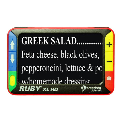 RUBY® XL HD Handheld Video Magnifier with white text on black background