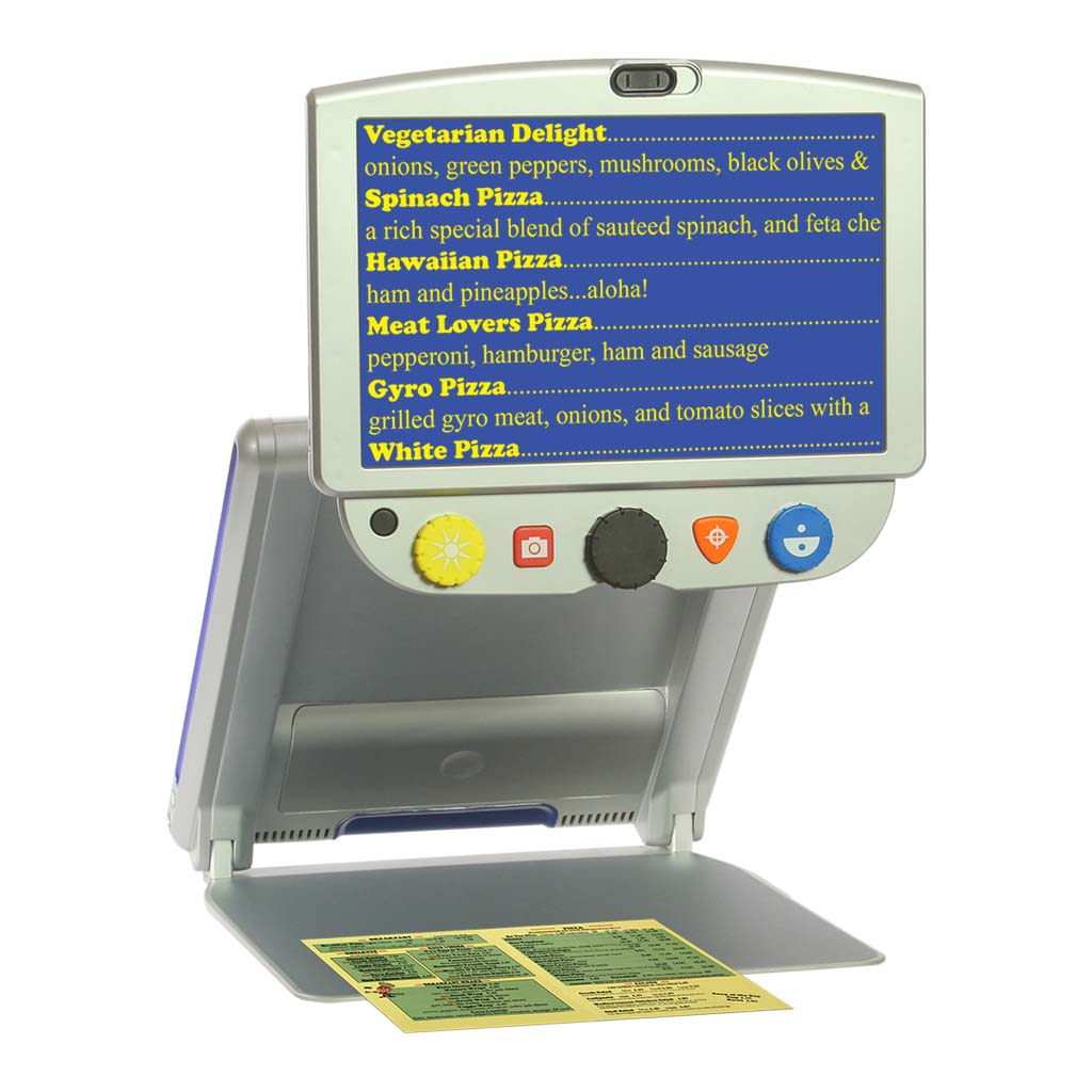 TOPAZ® PHD Portable Video Magnifier yellow text on blue background