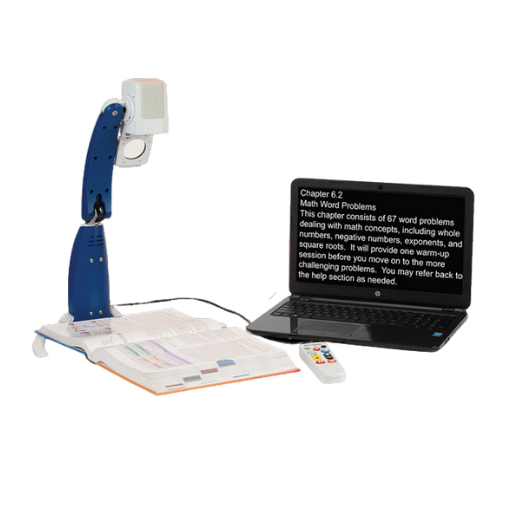 Image of ONYX Portable HD in scan and read position, focused on textbook, connected to laptop with magnified image on screen. Sound icon indicates it is reading text aloud.