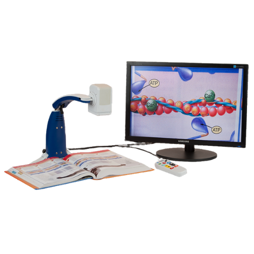 Image of ONYX Portable HD focused on book, connected to monitor with magnified image on screen.
