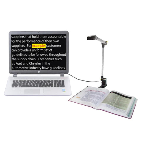 PEARL Ultra Portable Reading Camera displaying white text on black background, while highlighting one word with red text on a yellow background.
