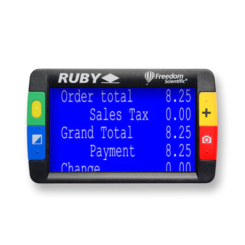 RUBY® Handheld Video Magnifier with white text on blue background