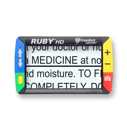 RUBY® HD Handheld Video Magnifier with black text on white background