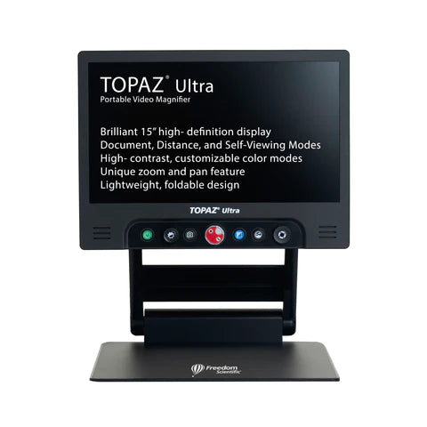 TOPAZ® Ultra Portable Video Magnifier white text on black background