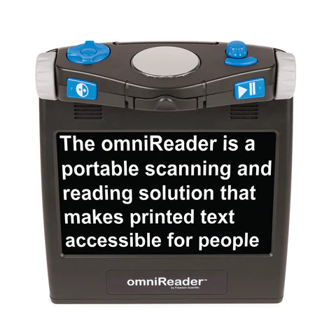 OMNIREADER® Scanning and Reading Solution with Display. Showing white text on black background displayed on the OmniReader.